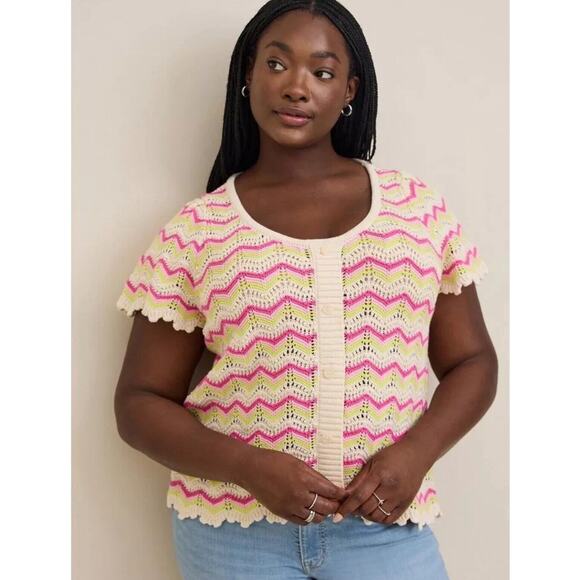 Torrid Crochet Women's Size 0 Pointelle Pink Green Short Sleeve Sweater NWT - Picture 1 of 11